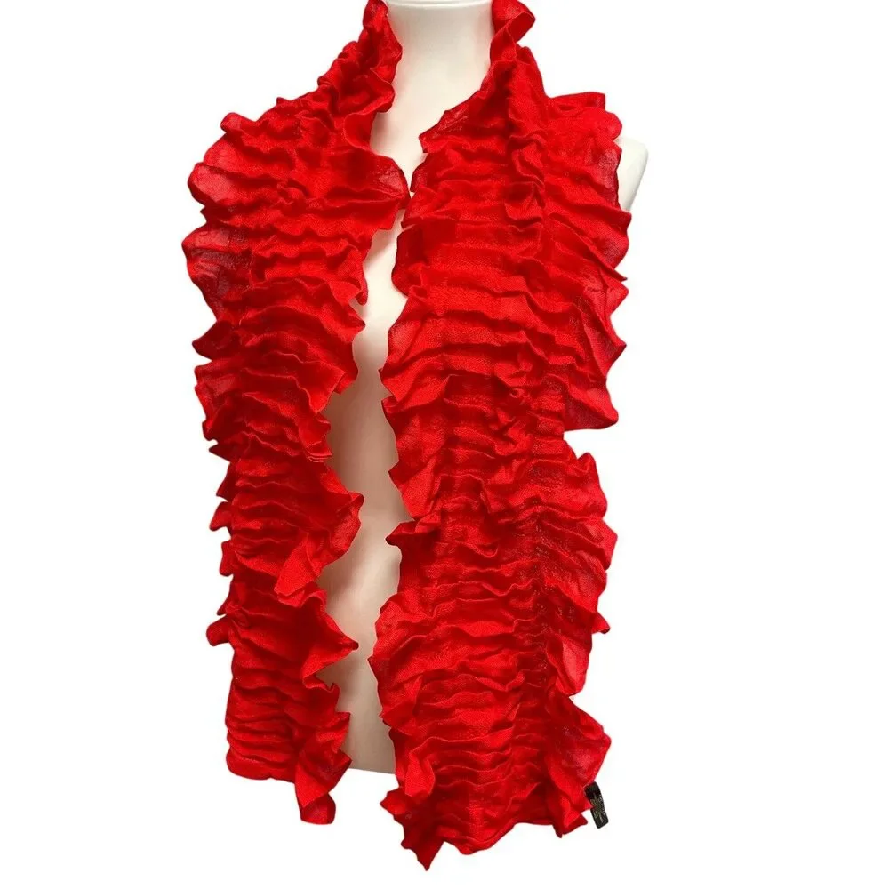 The Limited Red Acrylic Blend Ruffled Fashion Scarf w Rhinestone Butterfly Slide